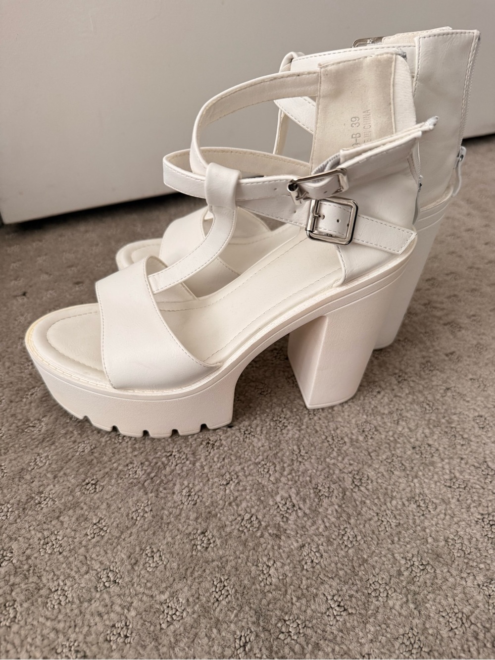 Platform Block Heel Strappy Sandals in White